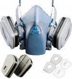 The complete M 7502 reusable half mask respirator kit, including the facepiece, ProDefend organic vapour cartridges, and particulate pre-filters with retainer covers.