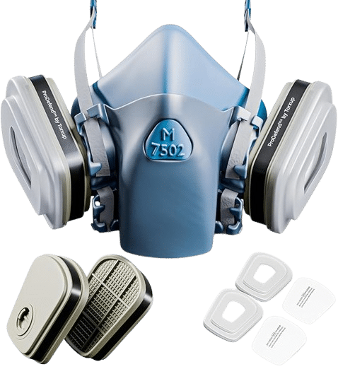 Complete Reusable Half Mask Respirator Kit UK | M 7502 The complete M 7502 reusable half mask respirator kit, including the facepiece, ProDefend organic vapour cartridges, and particulate pre-filters with retainer covers.