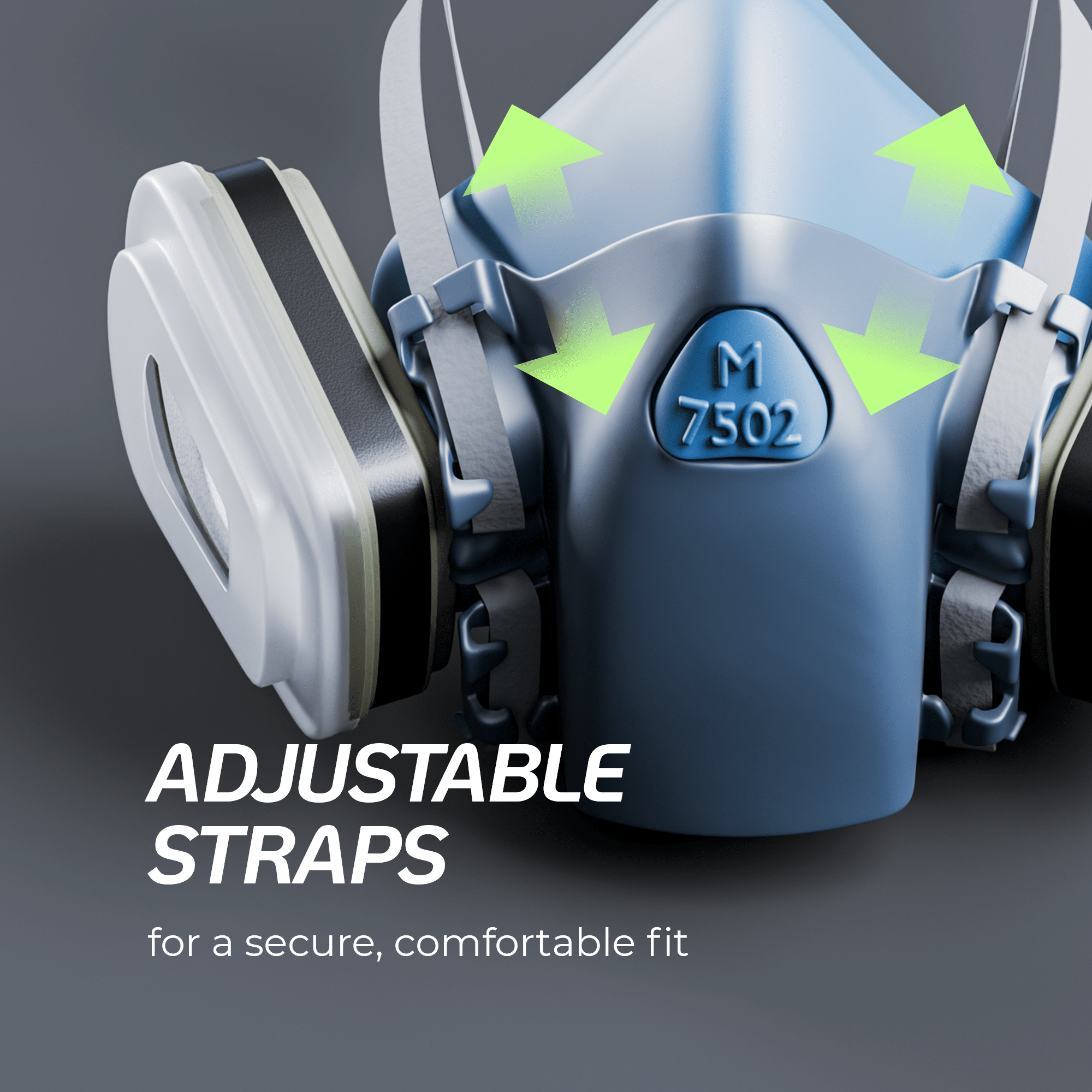 Dust Mask with Securely Adjustable Straps The Coremask M 7502 respirator showcasing its fully adjustable straps, ensuring a secure and comfortable custom fit for any user.