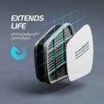 A graphic illustrating how a particulate pre-filter extends the life of ProDefend respirator cartridges by trapping dust first.