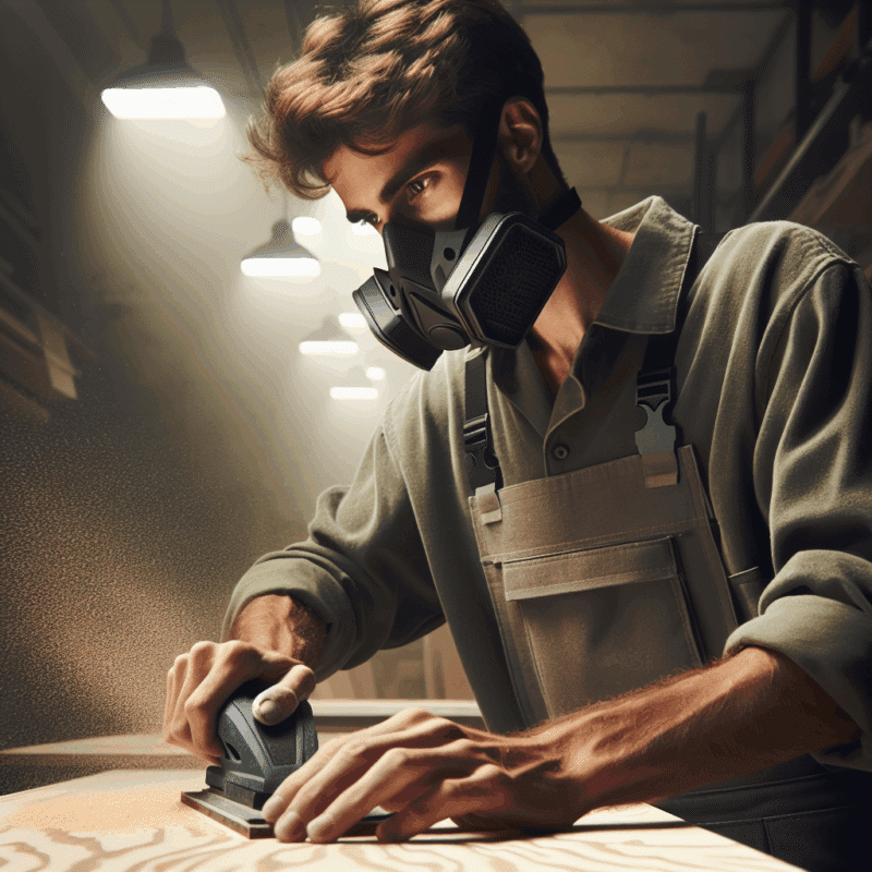 A skilled DIYer sanding MDF while wearing a reusable dust mask in a workshop with visible wood dust particles around.