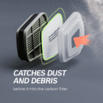 An exploded view of a pre-filter catching dust and debris before it can enter the main carbon filter cartridge.