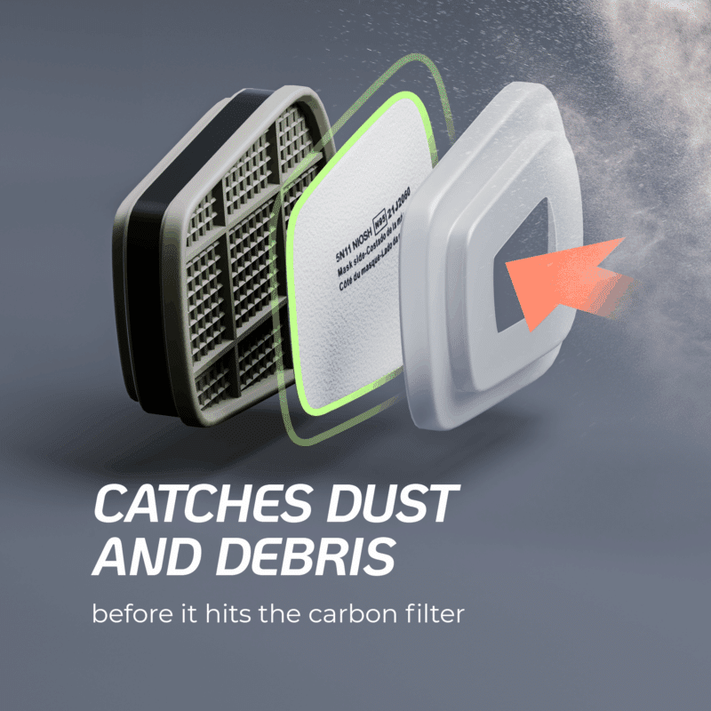 An exploded view of a pre-filter catching dust and debris before it can enter the main carbon filter cartridge.