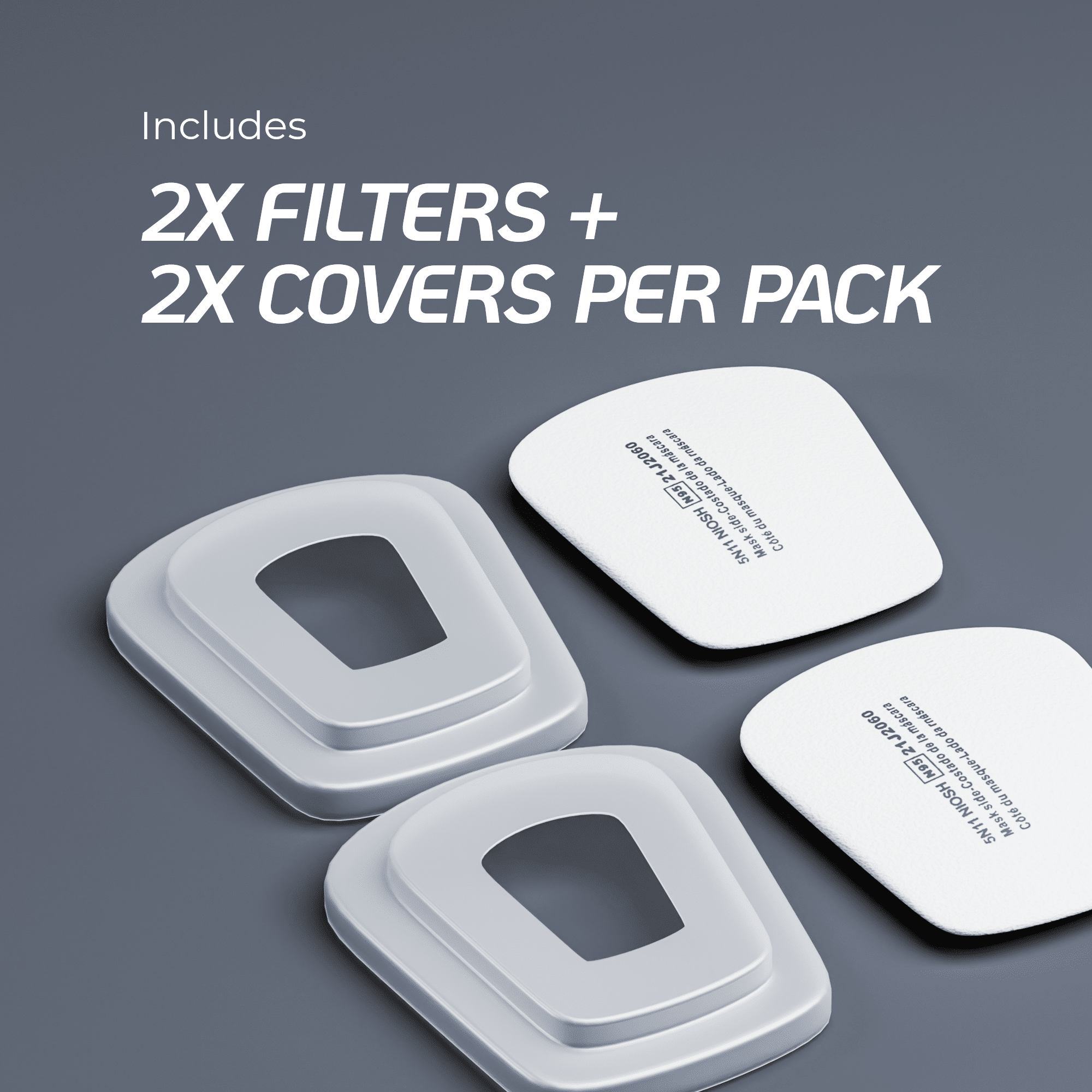 Respirator Filter Replenishment Pack (2 Filters, 2 Covers) The contents of a replenishment pack, including two particulate filters and two plastic retainer covers.