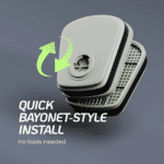 An illustration of the quick, no-tools-needed bayonet-style installation for ProDefend respirator cartridges.