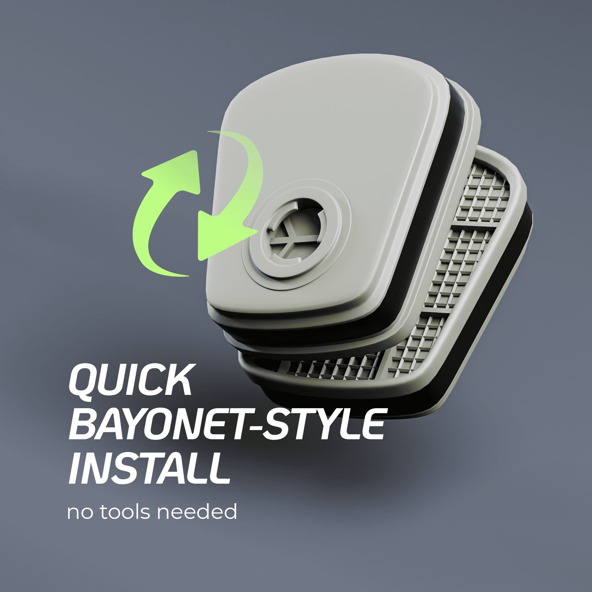 Secure Bayonet-Style Filter Cartridge Installation An illustration of the quick, no-tools-needed bayonet-style installation for ProDefend respirator cartridges.