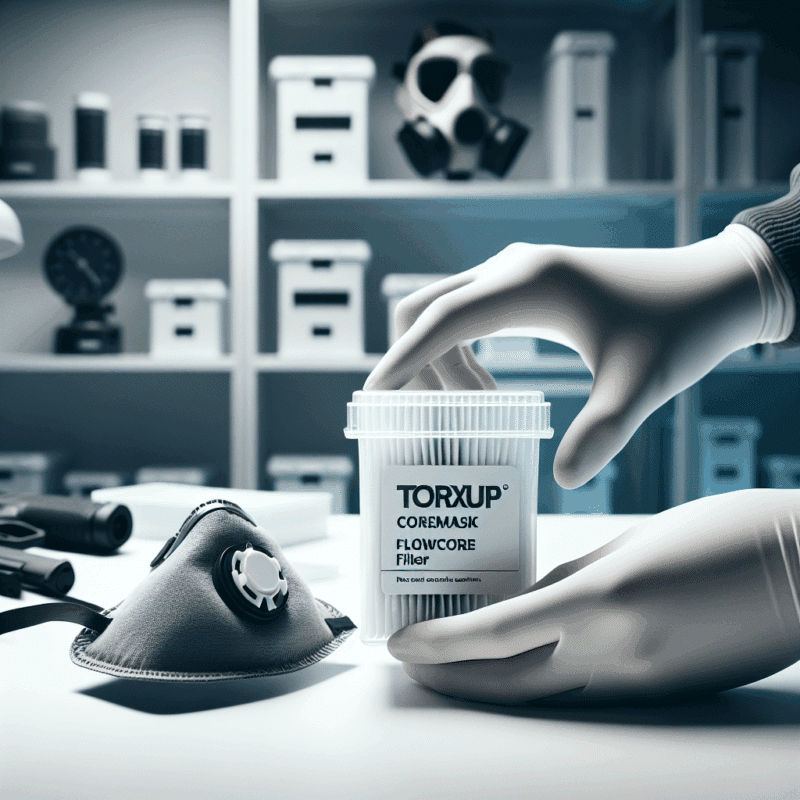 FlowCore filter maintenance scene showing proper storage of CoreMask filters in an airtight container on a clean workbench.