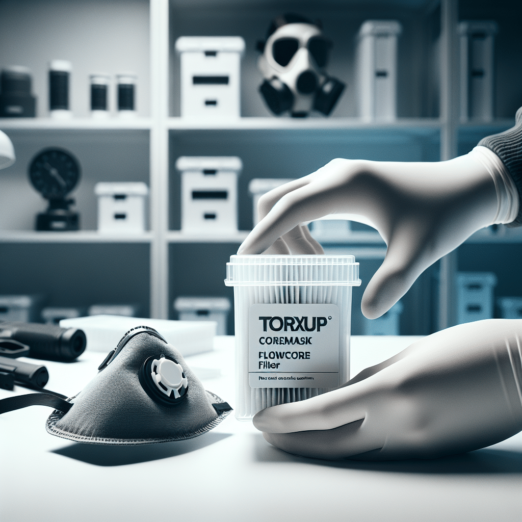 FlowCore filter maintenance scene showing proper storage of CoreMask filters in an airtight container on a clean workbench.