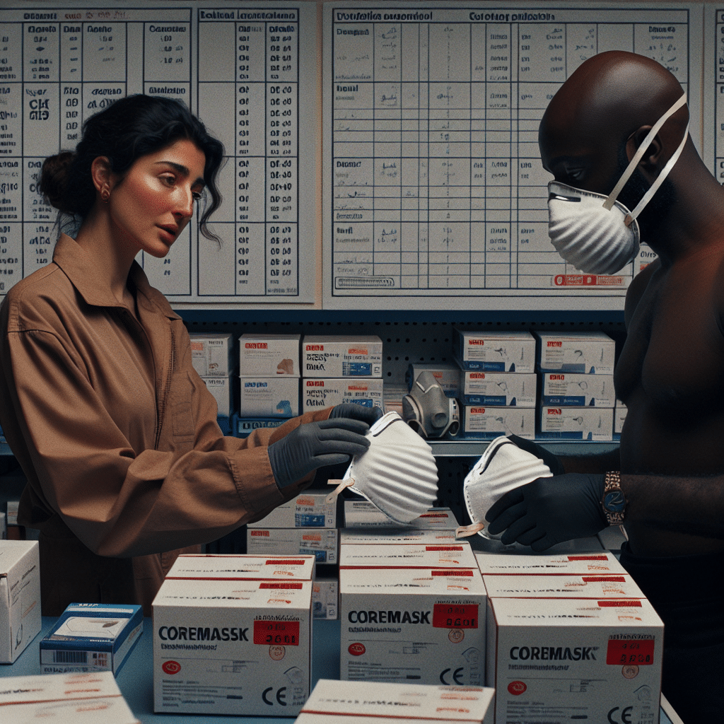 Trade professional selecting a CE dust mask from a range of EN149-compliant options at a PPE supply counter in the UK.