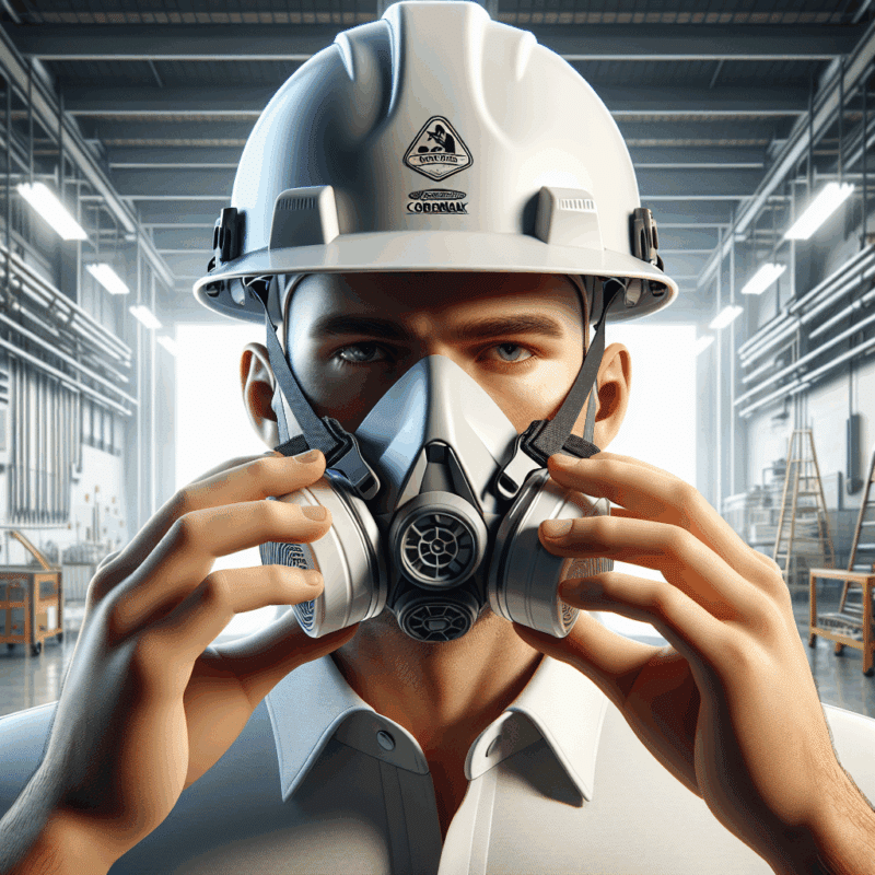 Hands fitting CoreMask under hard hat in construction setting, showing PPE compatibility and strap positioning for secure fit.