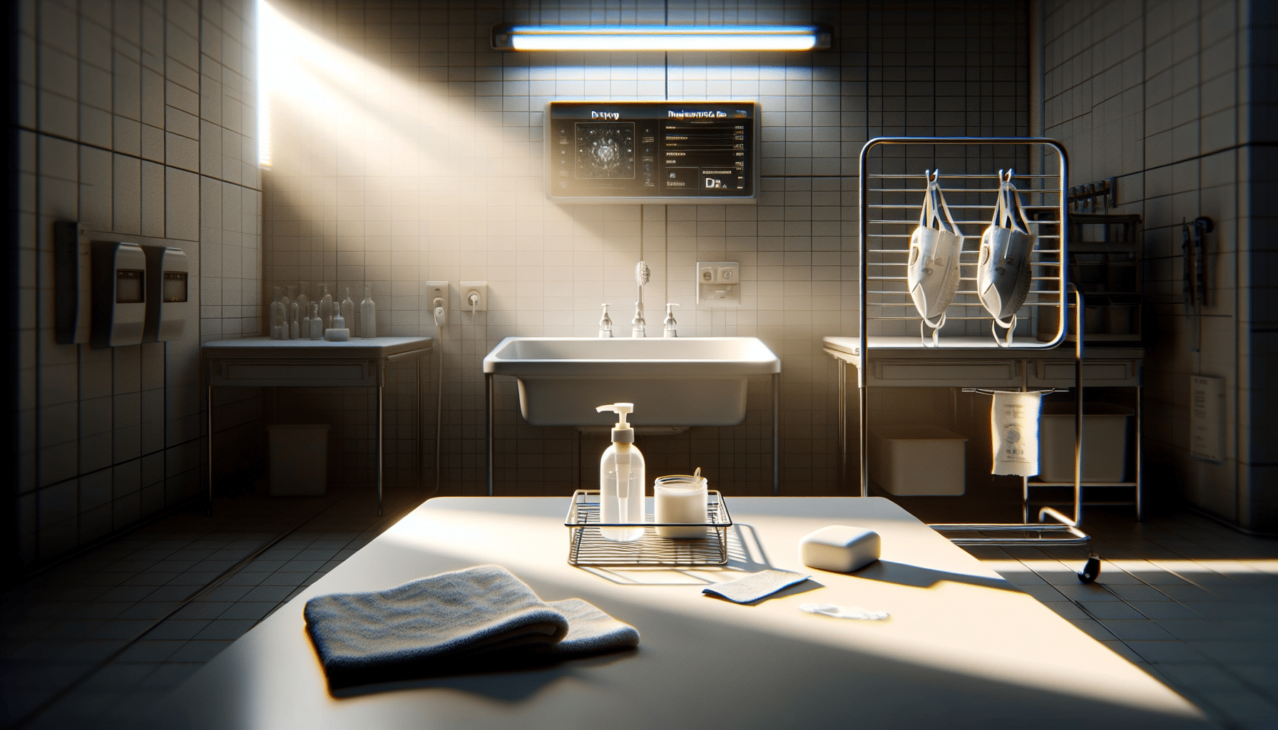 Air-drying a washed CoreMask face seal beside cleaning tools in a bright workspace, showcasing post-cleaning care.