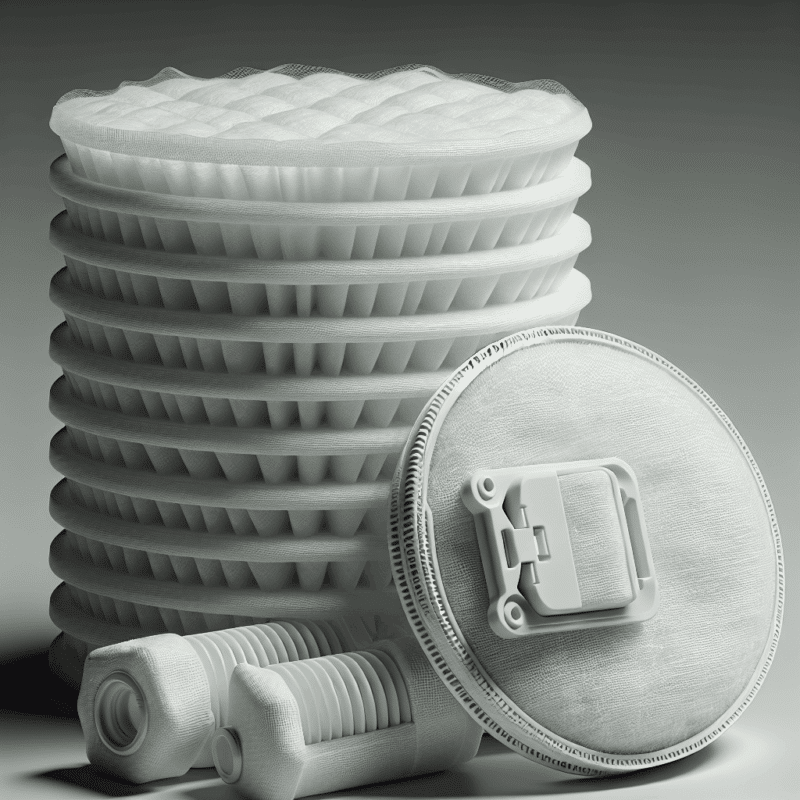 Stack of FlowCore filter pads placed beside a Torxup mask on a clean surface, highlighting filtration detail and subscription refill savings.