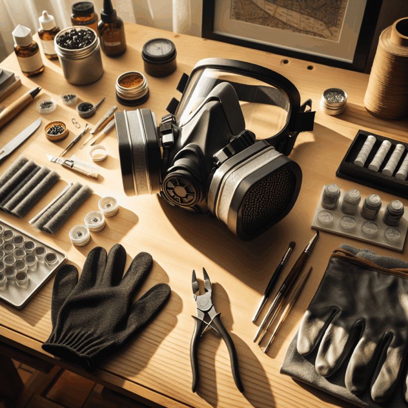 Reusable resin fumes mask setup with Torxup CoreMask on a wooden workbench next to resin tools and filter cartridges.