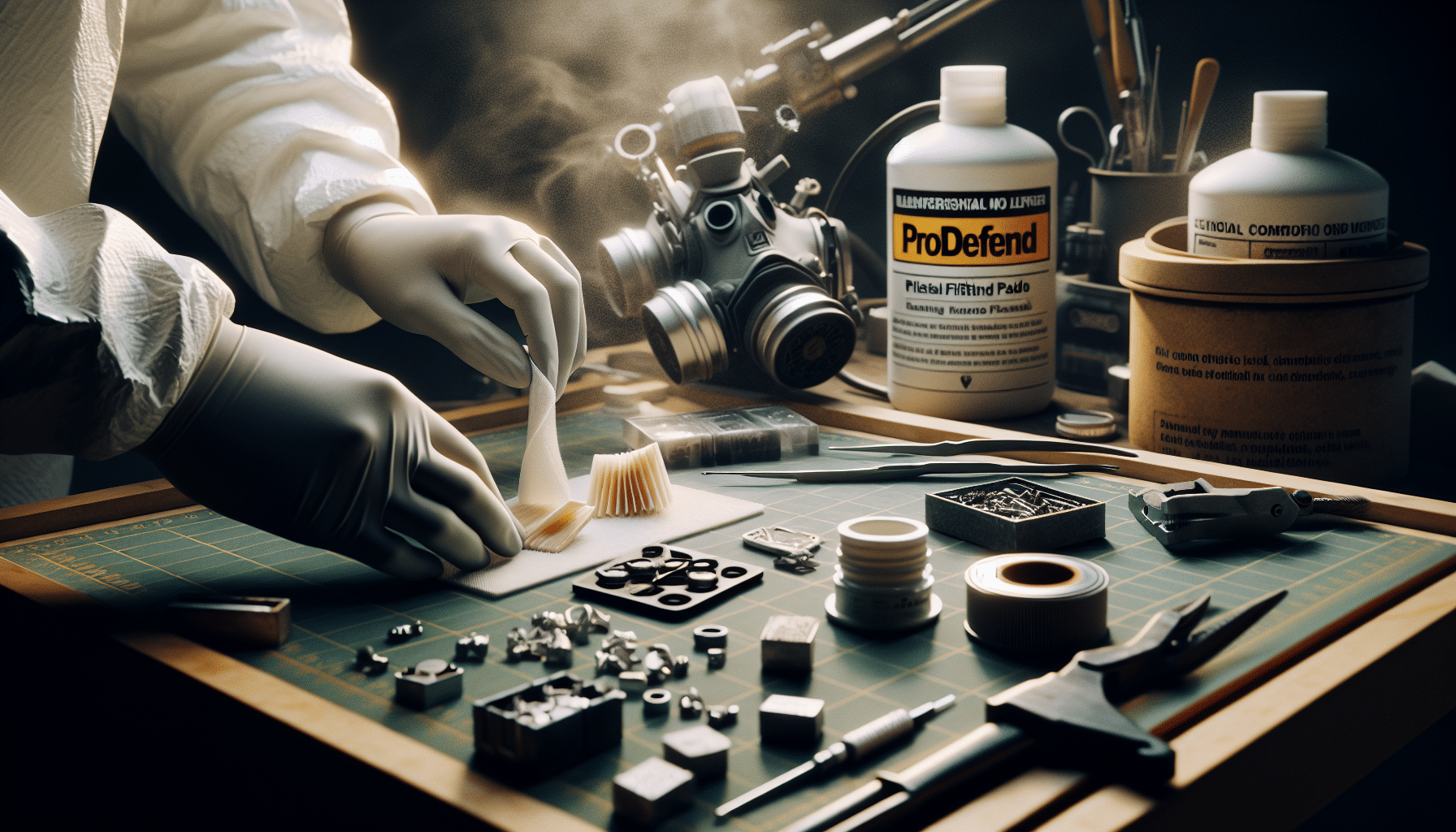 Close-up of hands removing a ProDefend filter from a dust mask during a resin safety check.