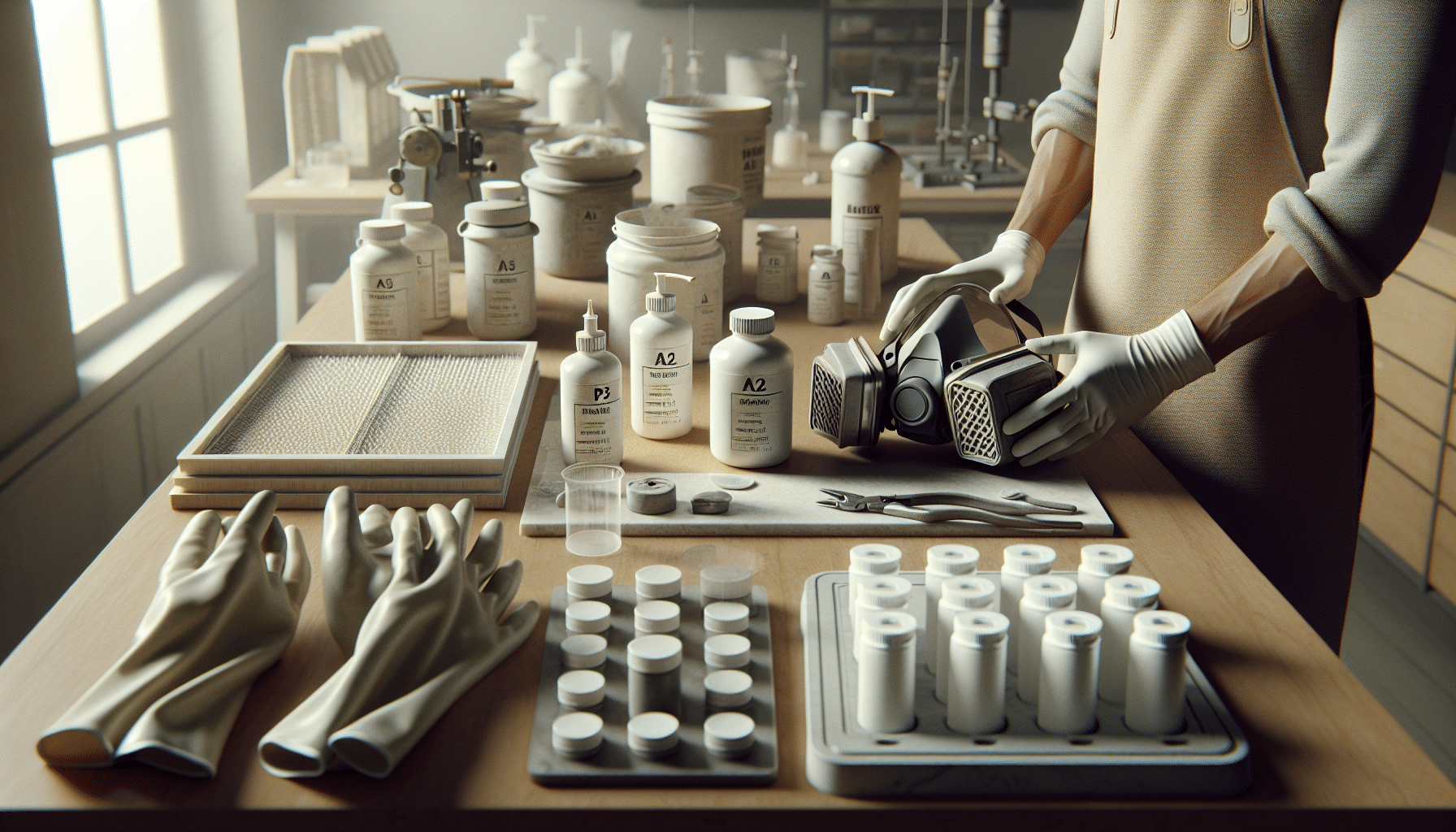 Hands adjusting a Torxup CoreMask respirator with organic vapour filters near resin casting supplies for safe DIY use.