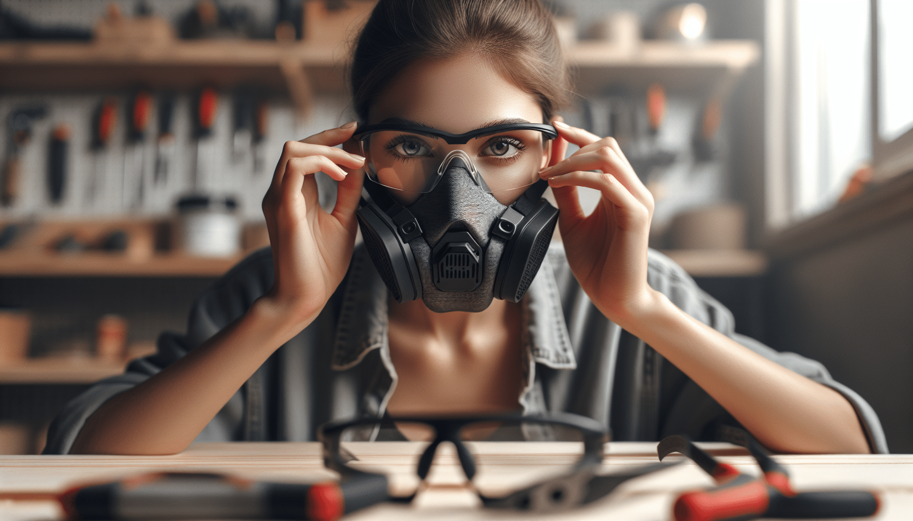 Hands adjusting CoreMask over nose with glasses resting above; DIY workshop setting shows anti-fog technique to prevent lens misting.