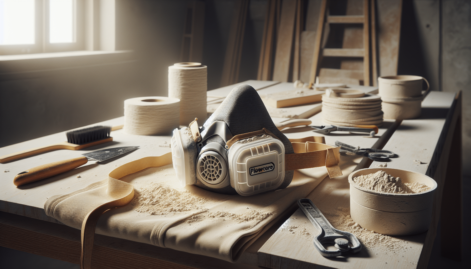 Close-up of FlowCore plaster dust mask on workbench with tools and sanding dust visible.