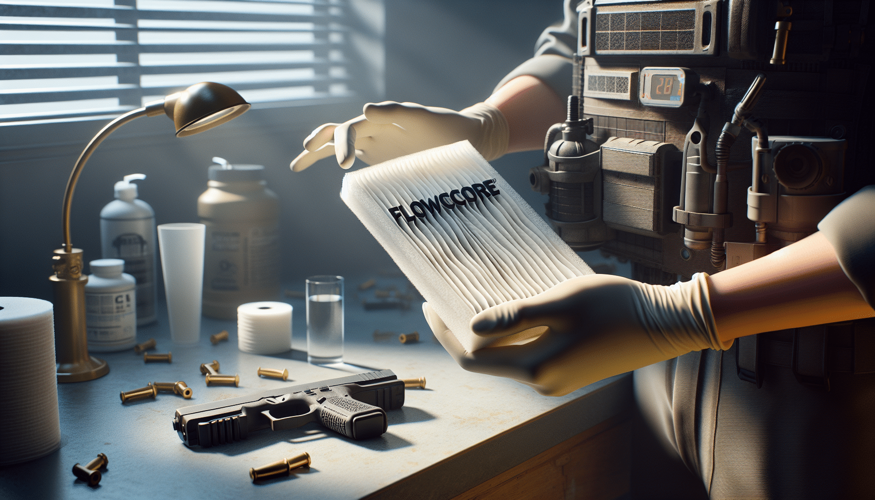 Comparison of clean vs used FlowCore filter pads showing filter indicator signs like dust buildup and yellowing.