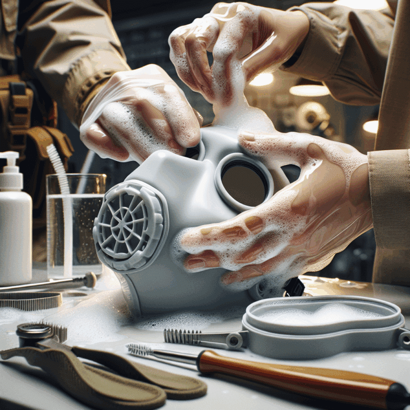Hands gently cleaning a CoreMask silicone face seal in warm soapy water; illustrates hygienic CoreMask cleaning process for reuse.