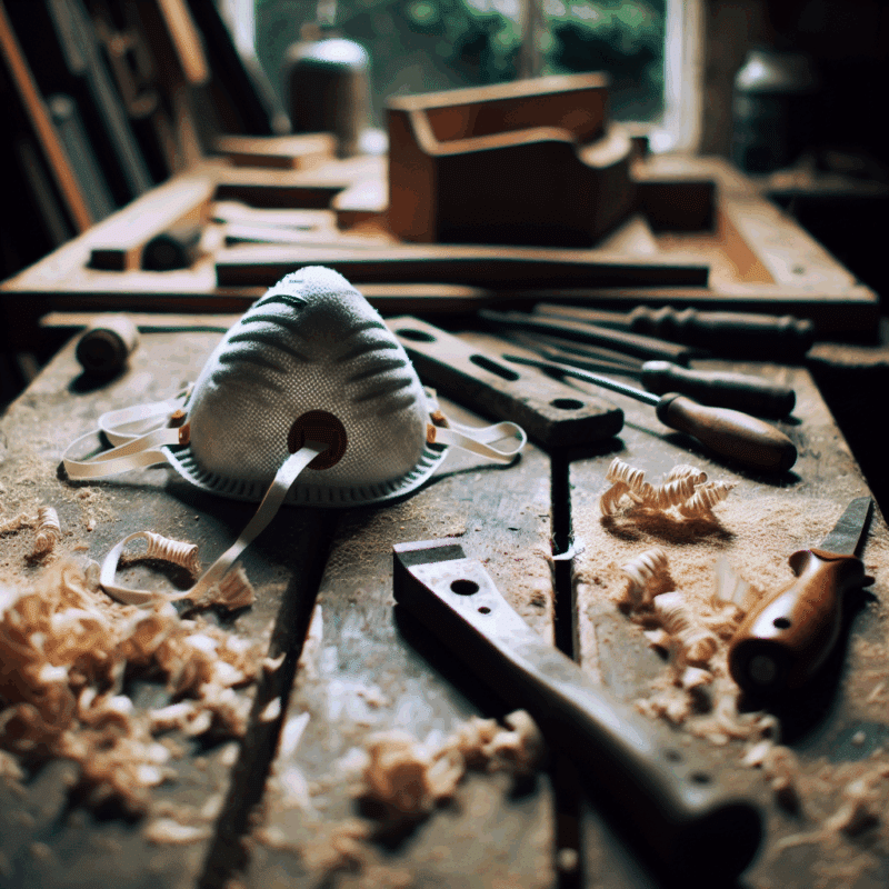 Close-up of Torxup FlowCore reusable dust mask on UK workbench, best dust mask UK for DIY dust protection
