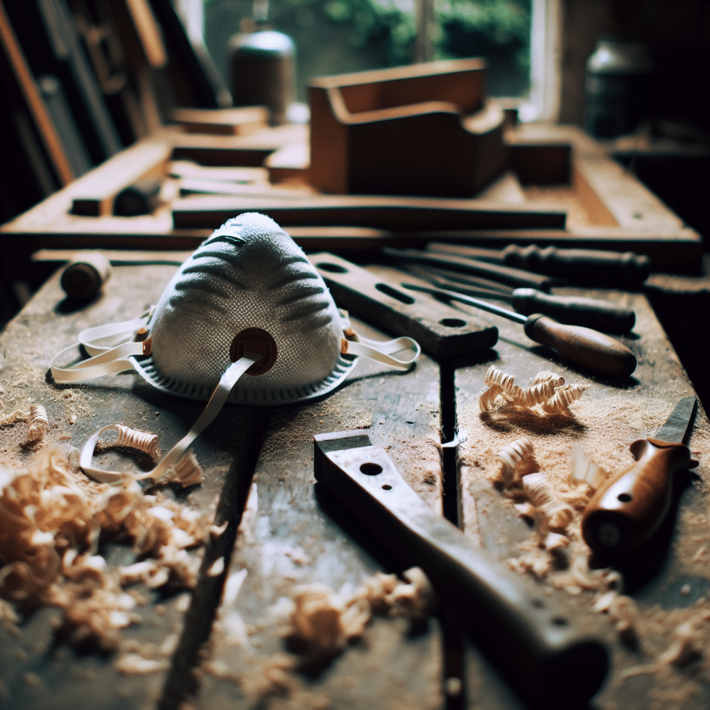 Close-up of Torxup FlowCore reusable dust mask on UK workbench, best dust mask UK for DIY dust protection