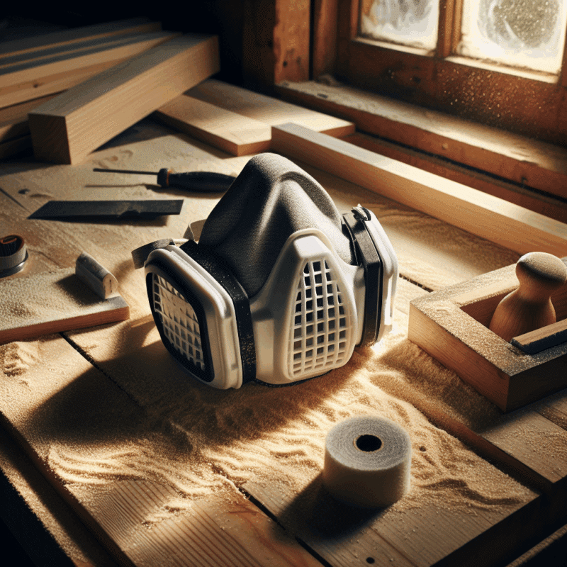 FlowCore dust mask filters UK placed on a woodworking bench beside sawdust and timber in a well-lit British workshop setting.