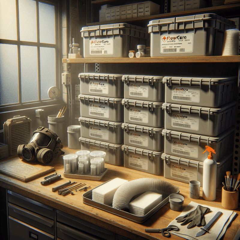 Organised FlowCore pads in airtight storage to extend filter life, shown alongside CoreMask and maintenance tools.