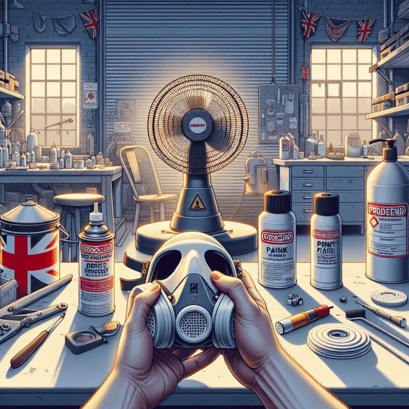 Person fitting a Torxup CoreMask with ProDefend filter in a workshop that displays ventilation for solvents and safe air practices.