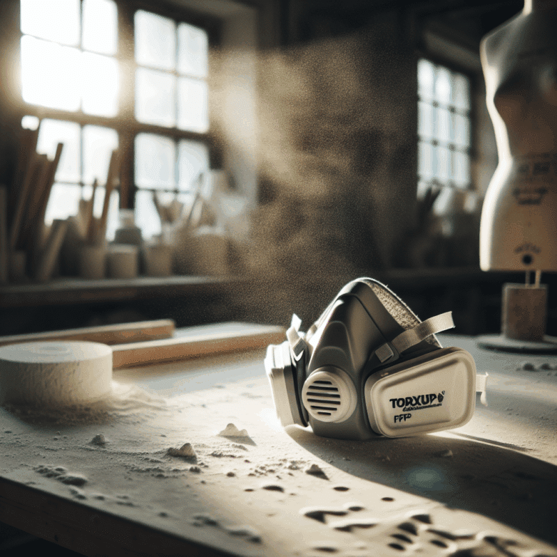 Torxup mask with FlowCore plaster sanding filter surrounded by airborne dust on a workbench during DIY plastering.