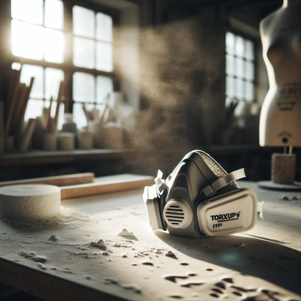 Torxup mask with FlowCore plaster sanding filter surrounded by airborne dust on a workbench during DIY plastering.