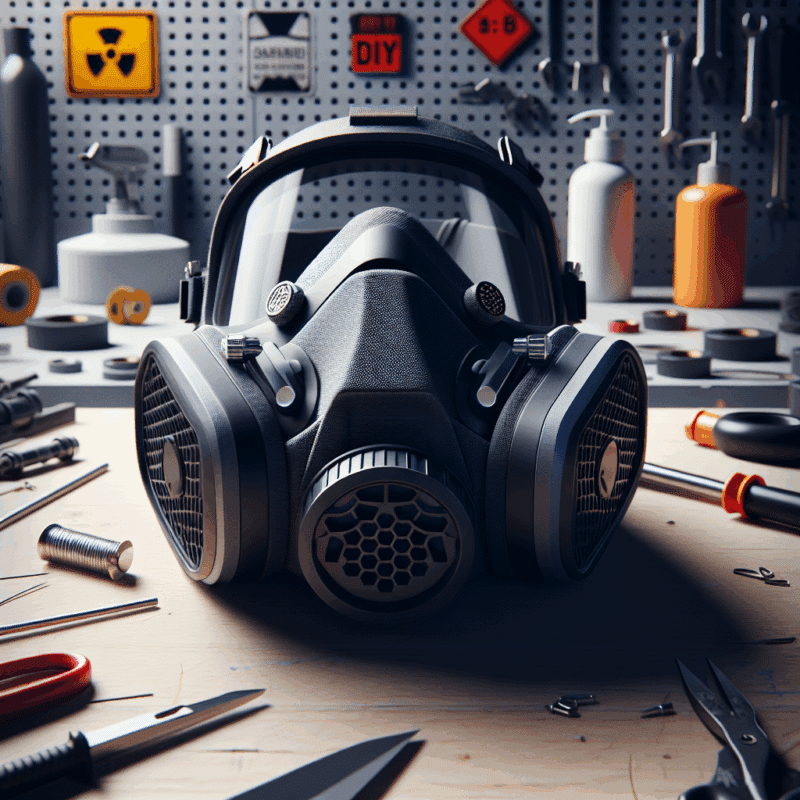 Modern mask demonstrating carbon pad effectiveness in a workshop; faint fumes visually absorbed into visible filter.