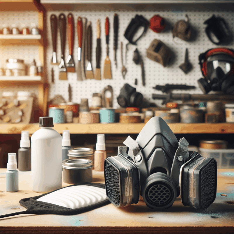 A workshop scene showing ProDefend pads beside a used paint respirator cartridge and a CoreMask unit, ideal for light painting jobs.