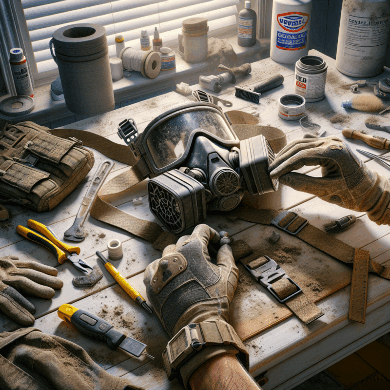 Hands adjusting CoreMask pads and straps on a dust mask in a UK home workshop during a mask fit test.