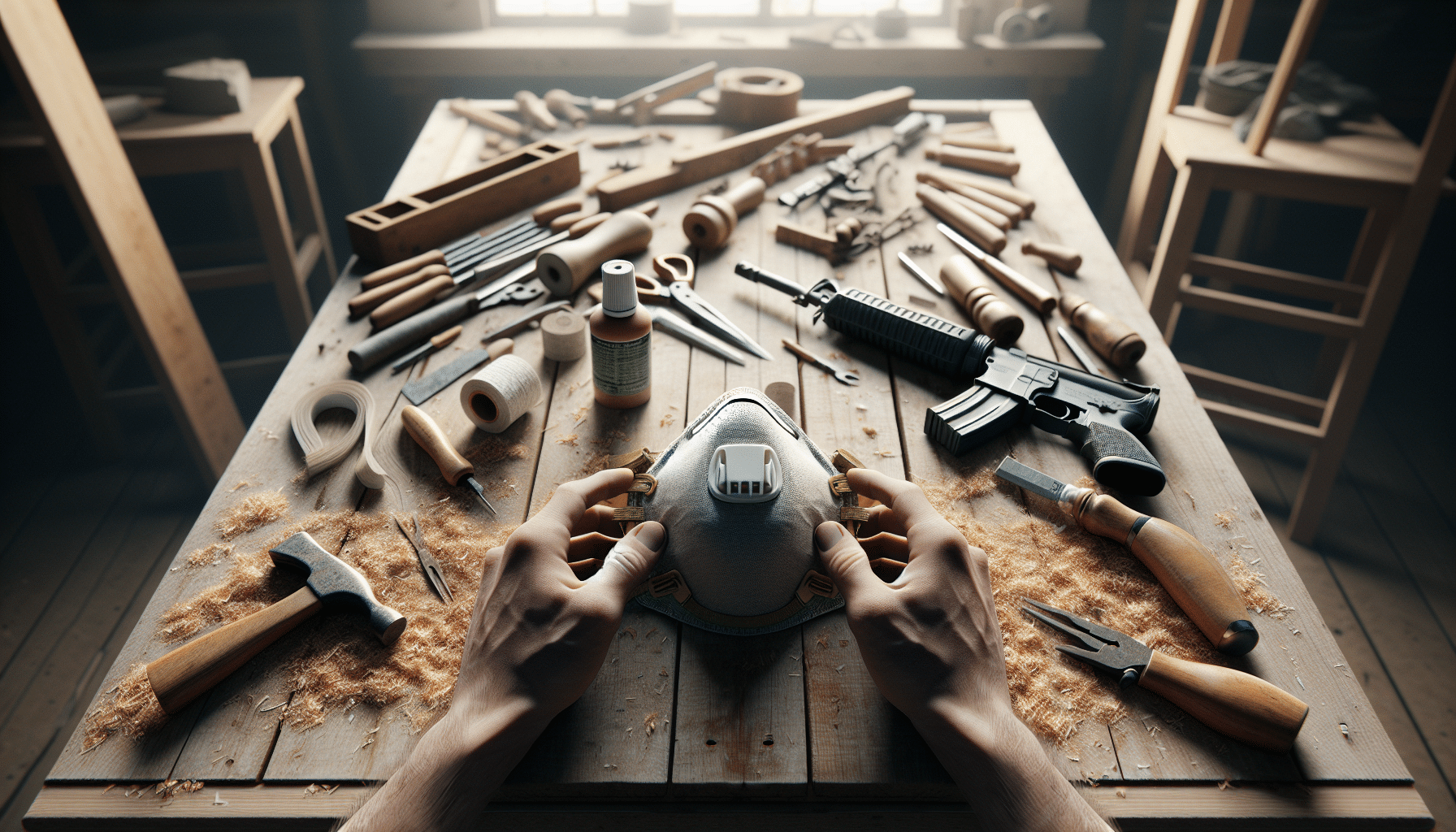 Installing a FlowCore filter on a reusable Torxup mask for DIY dust protection in UK woodworking projects.