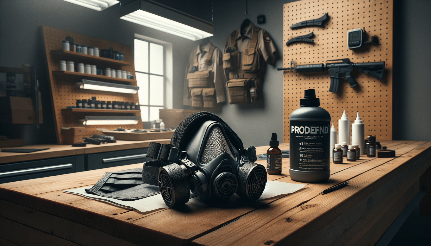ProDefend-fitted respirator on a workbench surrounded by adhesives and tools—focus on filtering adhesive fumes during DIY.