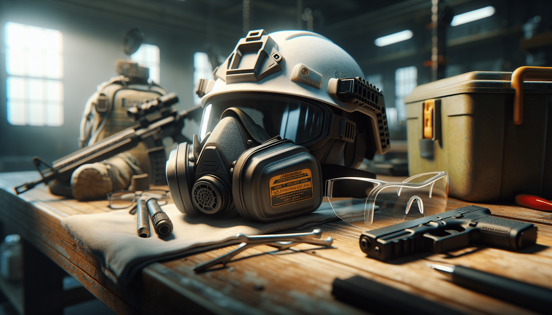 Close-up of CoreMask beside helmet and goggles, showing its ergonomic fit and CE certification label for safety compliance.