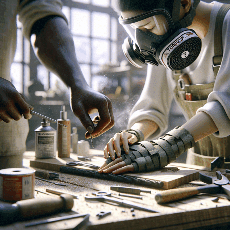 Hands adjusting a CoreMask respirator during a mask fit test at home for DIY renovation safety.