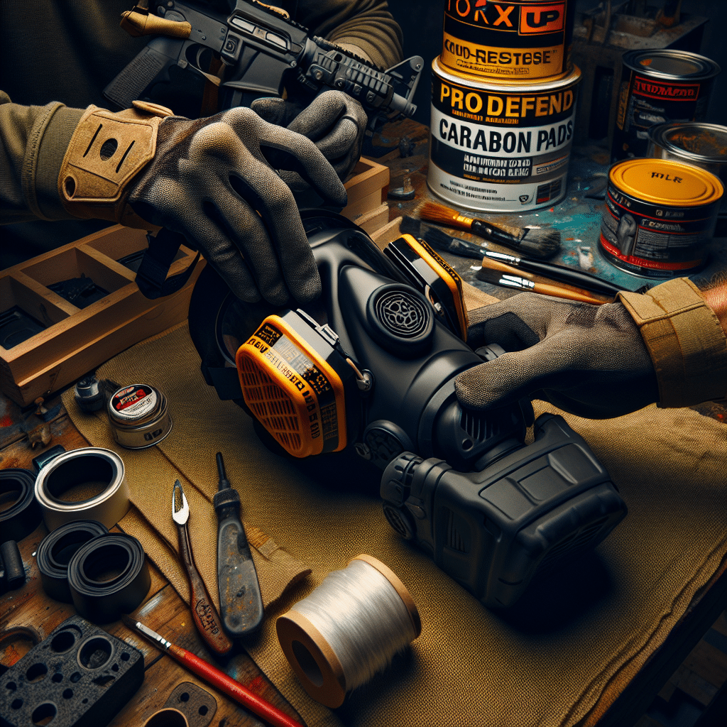 Hands assembling a Torxup CoreMask respirator with ProDefend carbon pads on a paint-covered workbench featuring resin supplies.