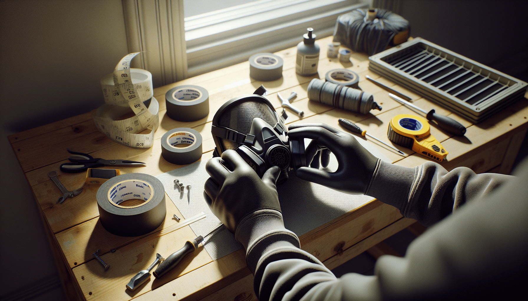 Hands fitting ProDefend carbon pad into a paint respirator mask, highlighting value and usability for trade and DIY users.