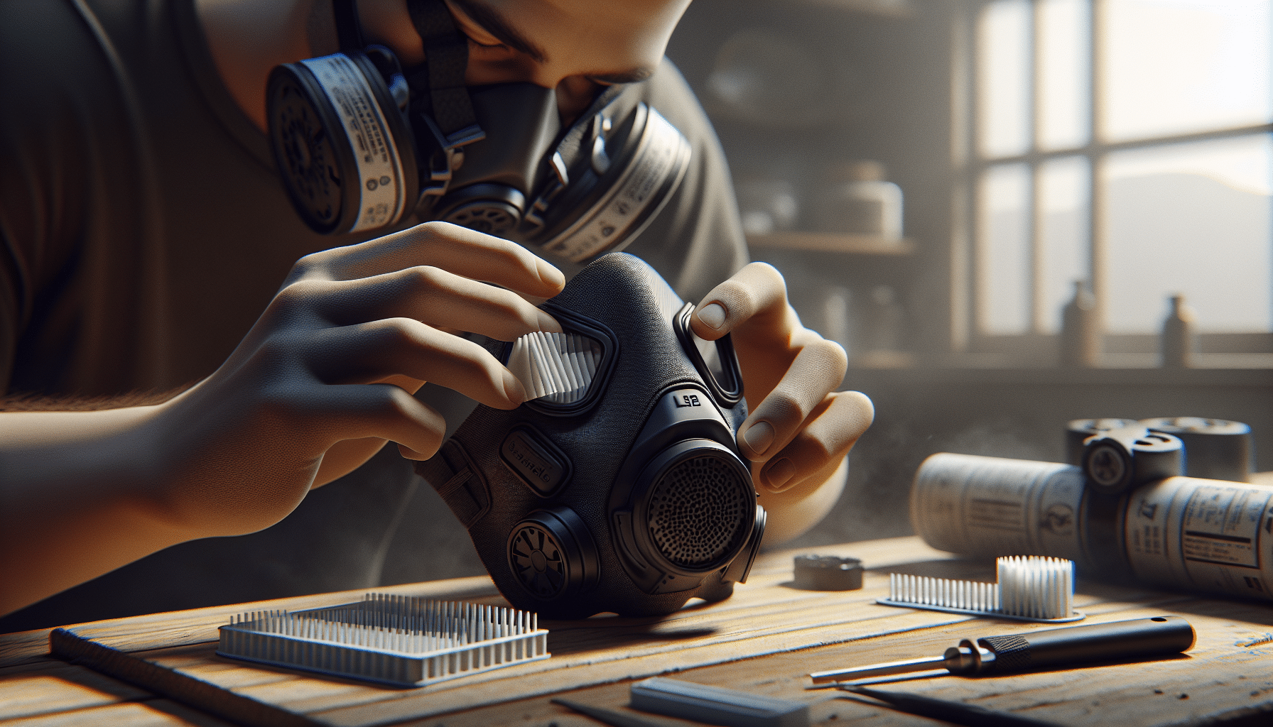 Demonstration of quick filter swap on a FlowCore mask using hands-on click-fit system against a light workbench background.