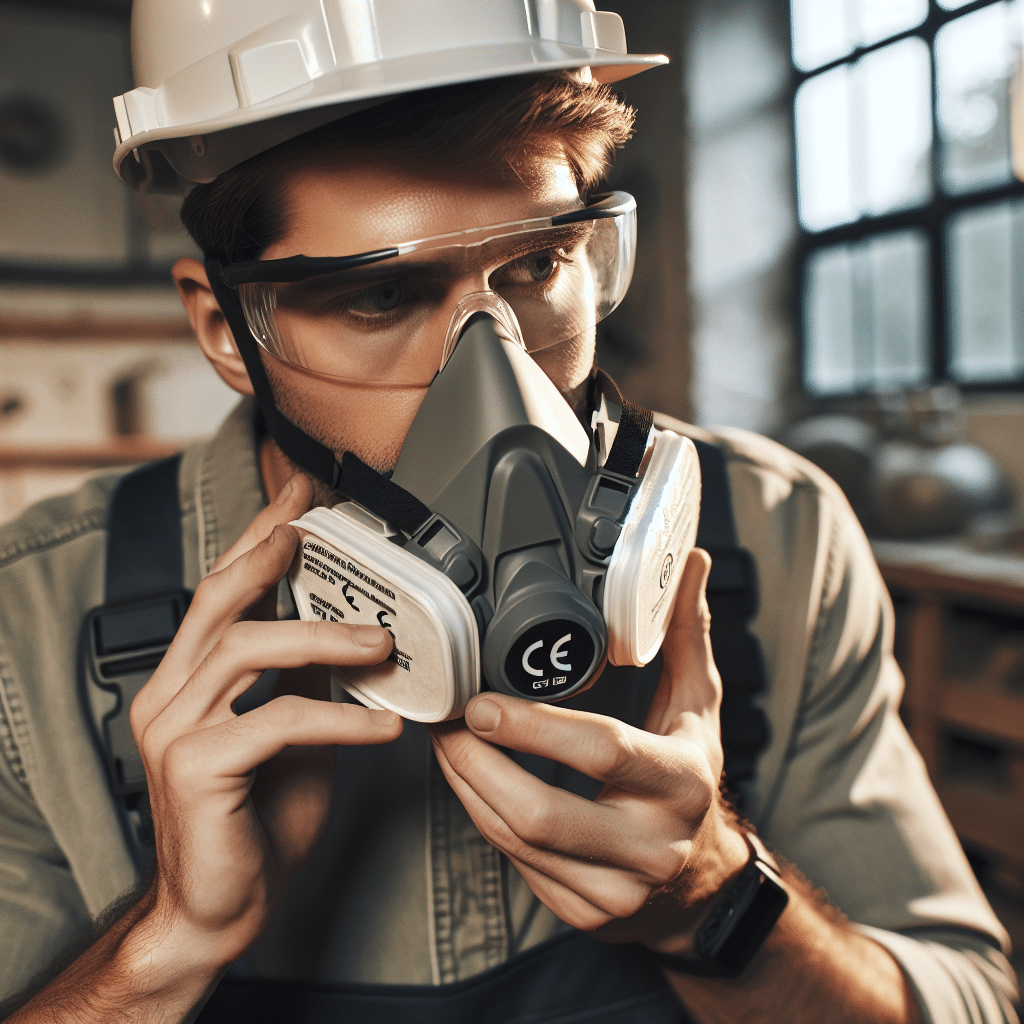 Hands adjusting CoreMask respirator fit under helmet and goggles, showing comfortable seal and CE-certified safety mask in use.