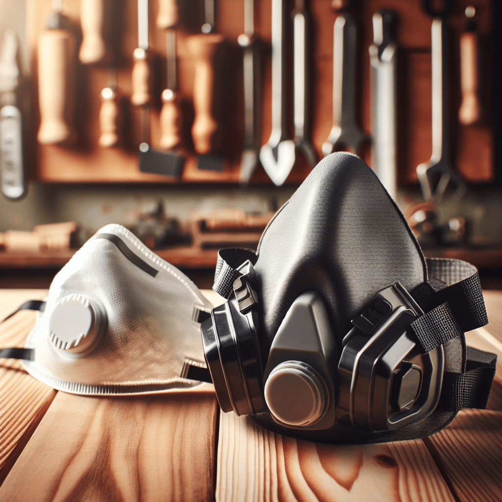 Side-by-side view of a reusable dust mask and a disposable pad mask positioned on a UK workshop bench.