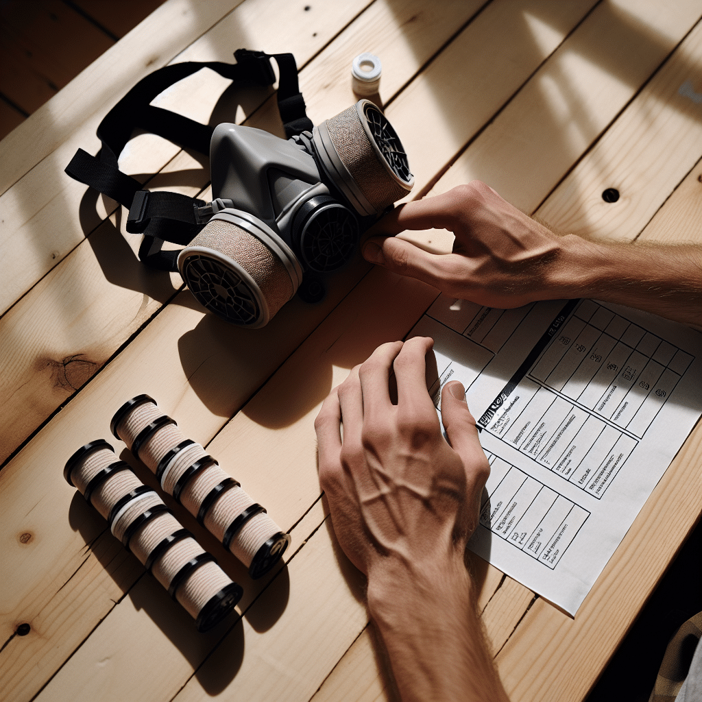 Hands check a CoreMask respirator with a printed pre-job mask checklist beside filters on a bright UK home renovation workbench.