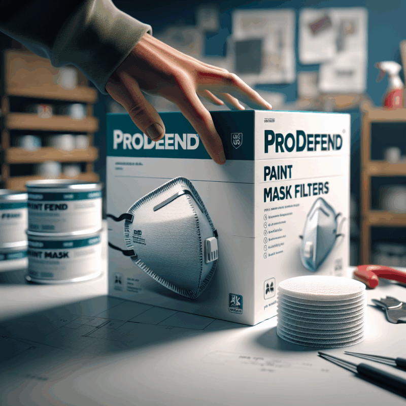 A hand selects ProDefend paint mask filters UK from a pack on a workbench with paint tools in the background.