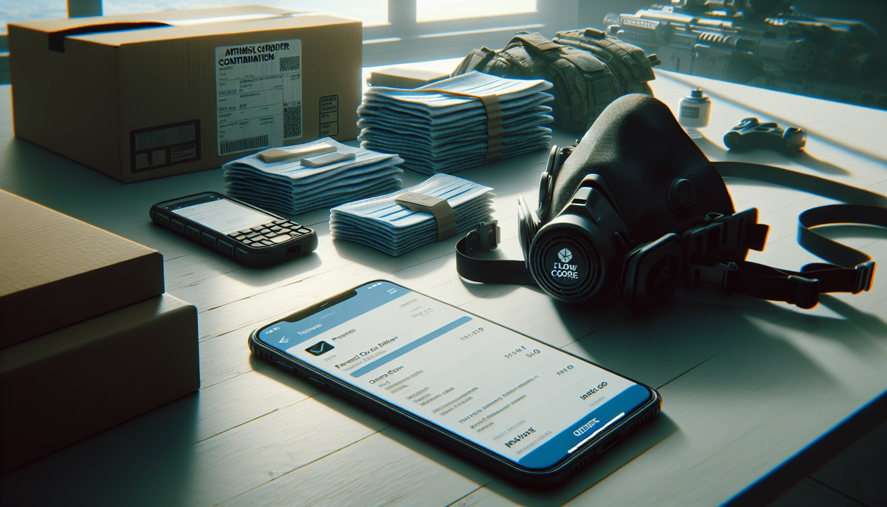 Close-up view of FlowCore pads next to packaging and a mask, with smartphone showing online order for same-day dispatch.