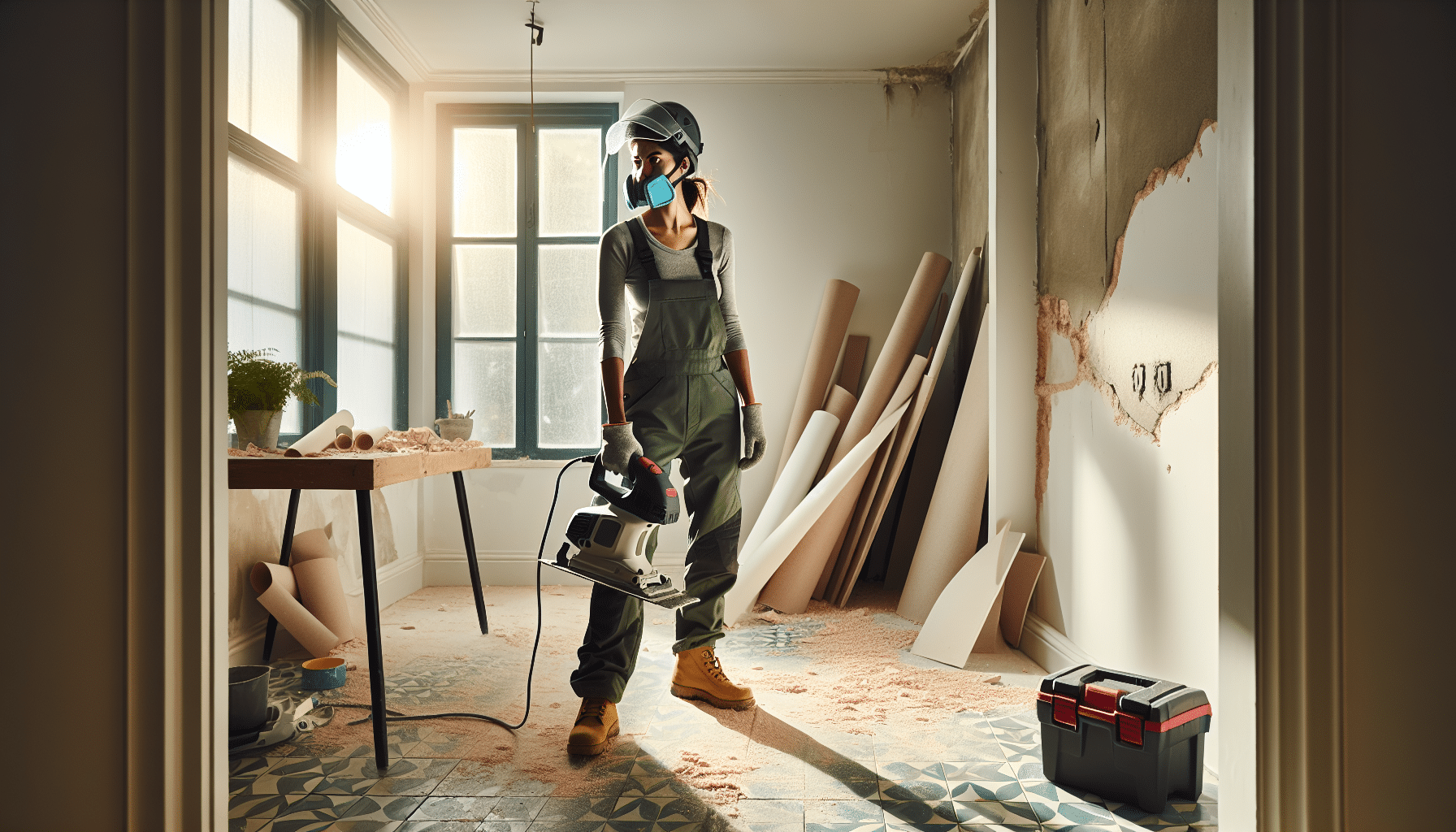 DIY renovator using a FlowCore dust mask while working with tile and plaster debris in a dusty workshop room.