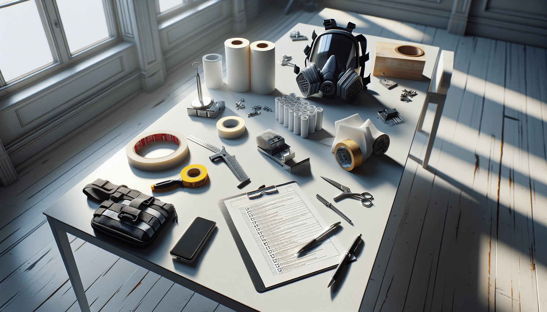 Checklist and CoreMask respirator laid out on a table before starting a DIY renovation project.