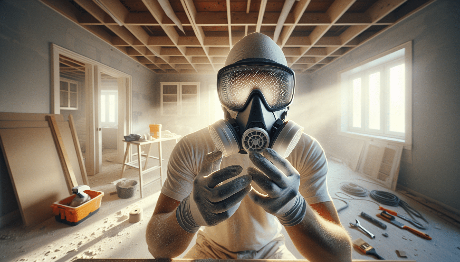 Performing a CoreMask user seal check during a DIY mask fit test at home with tools and dust in the renovation area.