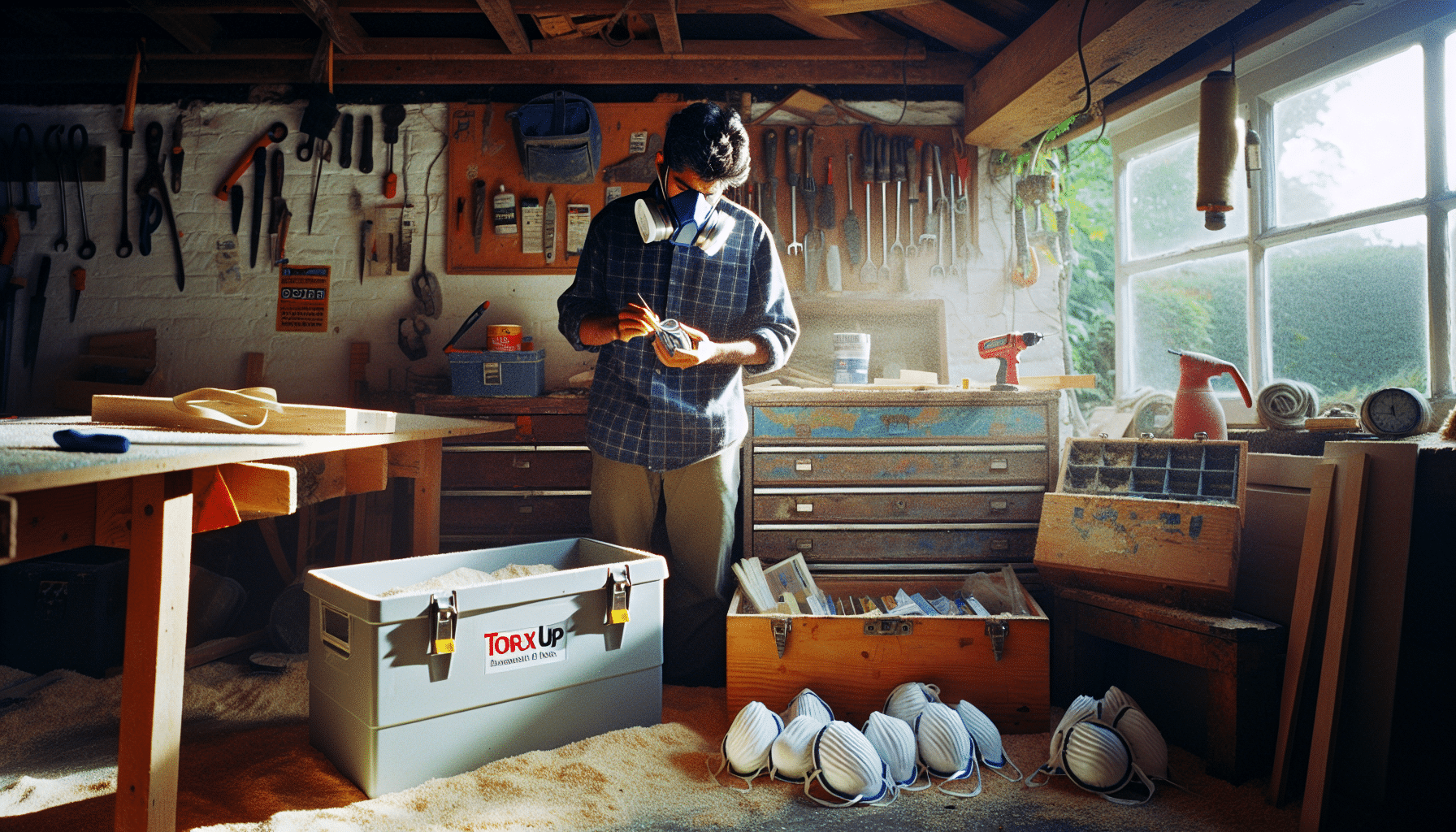 UK DIYer preparing with a Torxup mask and retired disposables nearby, showing benefits of switching to reusables.