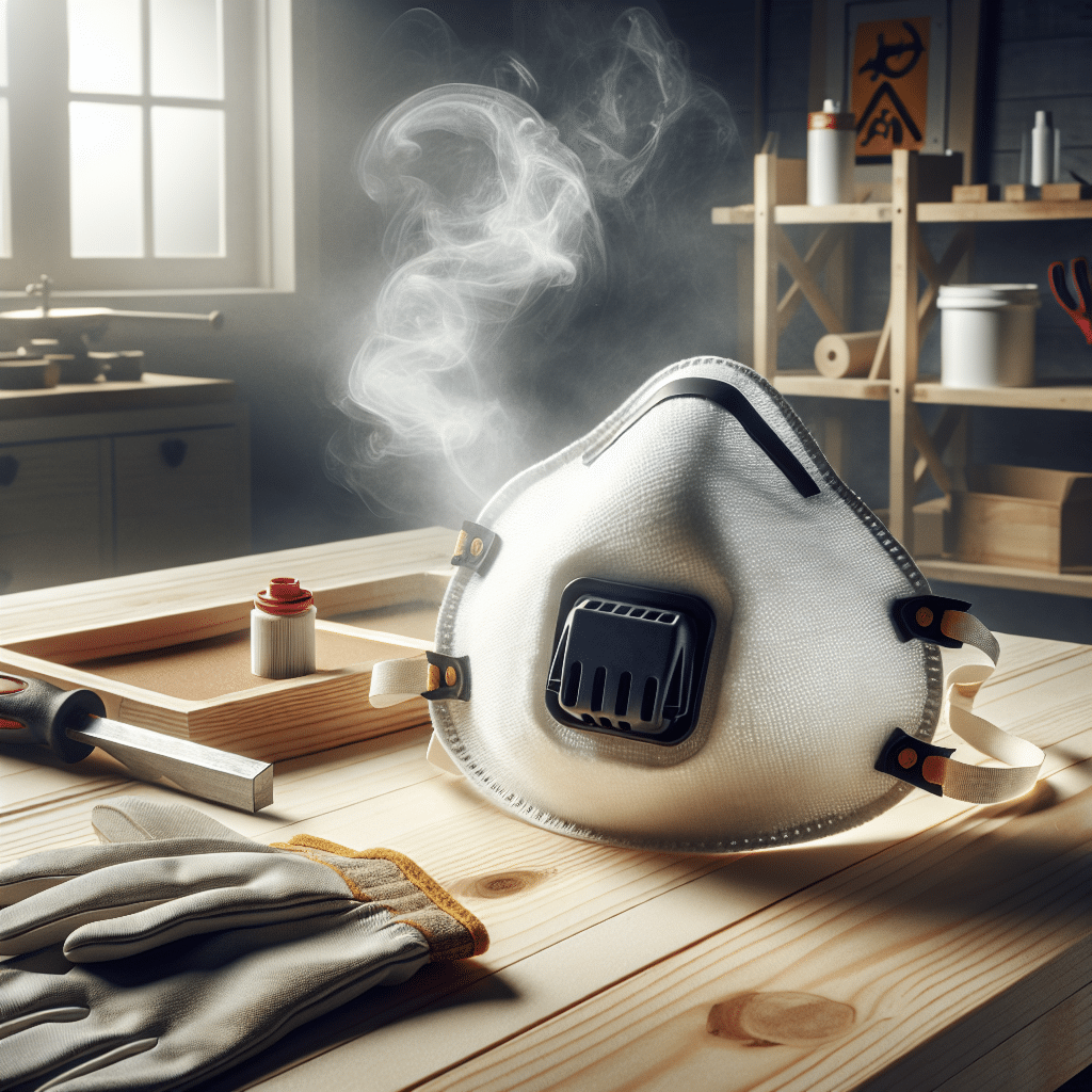Reusable dust mask with carbon filter pads on a workshop bench, with vapours in background indicating DIY air quality concerns.